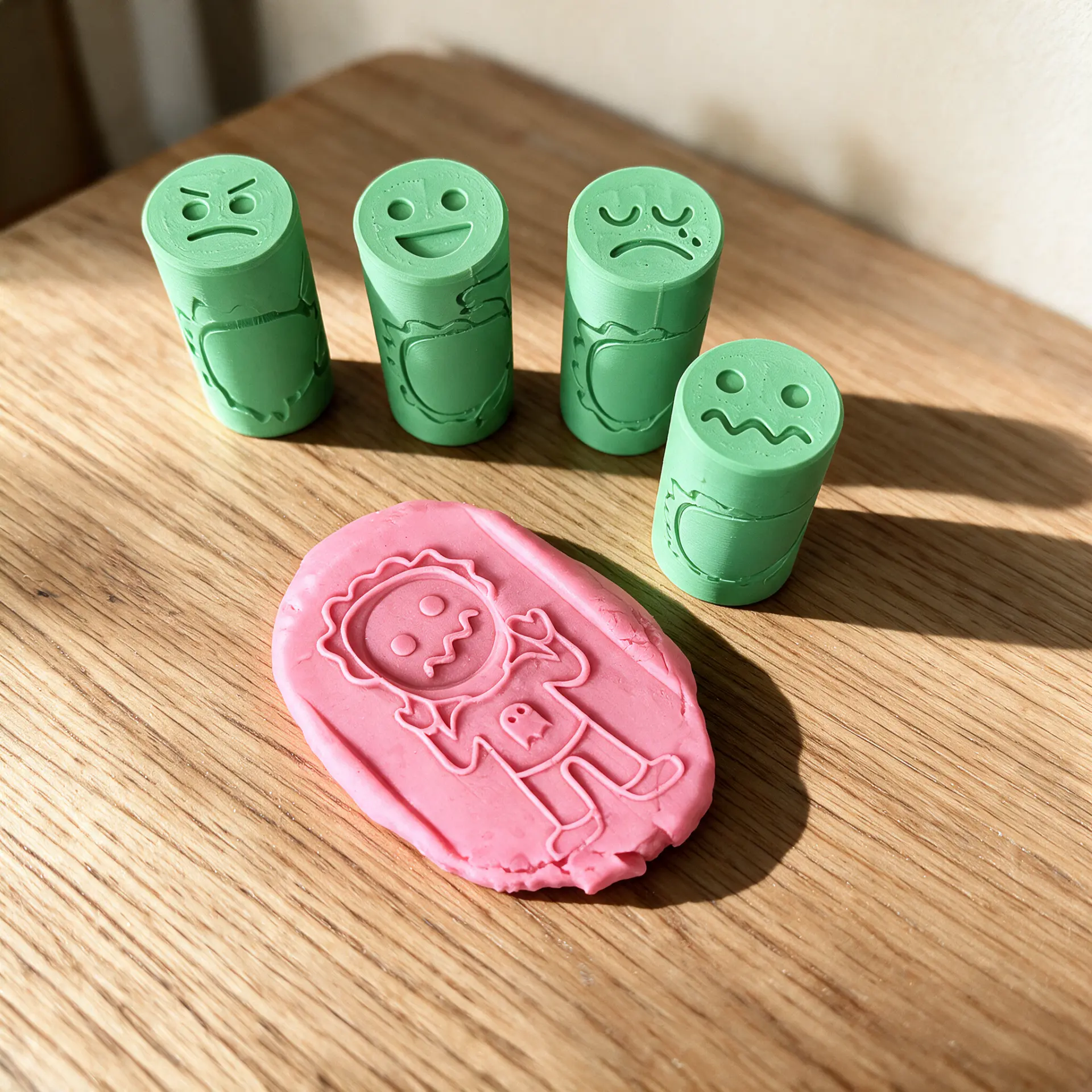 Emocionálne valčeky „Ako sa cítim?“ – kompletná sada 3D-tlačených valčekov s ružovým otlačkom tváre